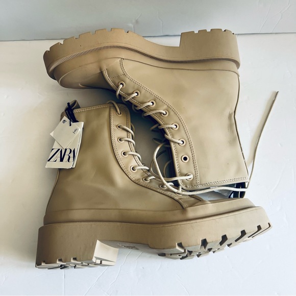 Zara Tan Ankle Combat Boots Platform Size 8 - Picture 2 of 13
